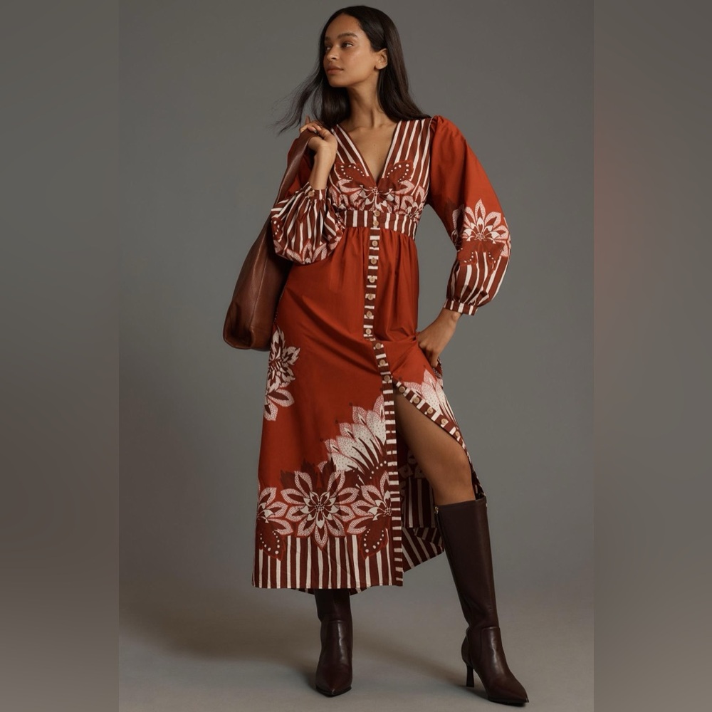 NWT Farm Rio x Anthropologie Long-Sleeve V-Neck Midi Dress XS
